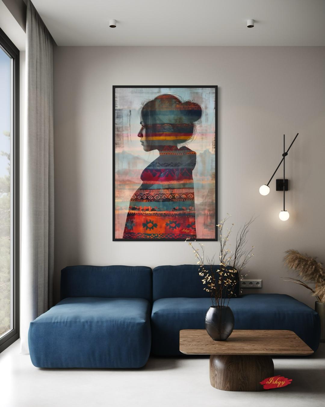 Mujer Mapuche | Chilean Silhouette Wall Art Print | IshqyBusiness. Mujer Mapuche art print featuring a Chilean woman’s silhouette with vibrant Mapuche patterns. Canvas & framed canvas painting print for meaningful home decor.