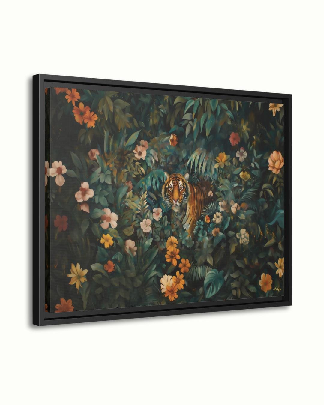 Tiger Wall Art Canvas, Bengal Tiger Jungle Print, Tropical Botanical Home Decor, Safari Nursery Decor, Poster Framed Canvas & Art Print Gift, Tiger Wall Art Jungle Print, Floral Safari Animal Canvas, Dark Jungle Wall Decor, Bold Nature Painting, Wildlife Canvas for Home Decor