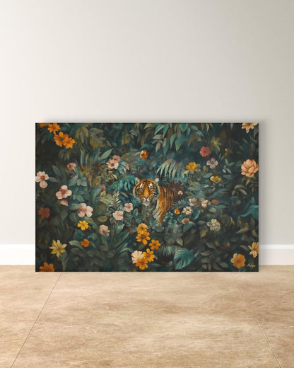 Tiger Wall Art Jungle Print, Floral Safari Animal Canvas, Dark Jungle Wall Decor, Bold Nature Painting, Wildlife Canvas for Home Decor
