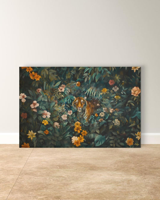 Tiger Wall Art Jungle Print, Floral Safari Animal Canvas, Dark Jungle Wall Decor, Bold Nature Painting, Wildlife Canvas for Home Decor