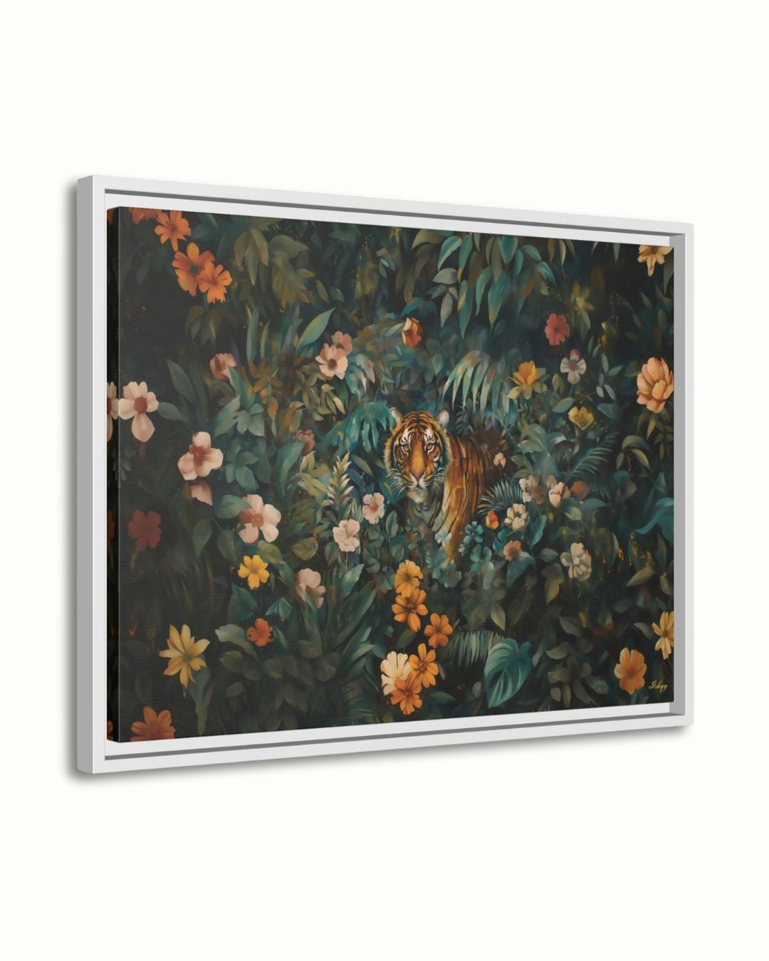 Tiger Wall Art Canvas, Bengal Tiger Jungle Print, Tropical Botanical Home Decor, Safari Nursery Decor, Poster Framed Canvas & Art Print Gift, Tiger Wall Art Jungle Print, Floral Safari Animal Canvas, Dark Jungle Wall Decor, Bold Nature Painting, Wildlife Canvas for Home Decor