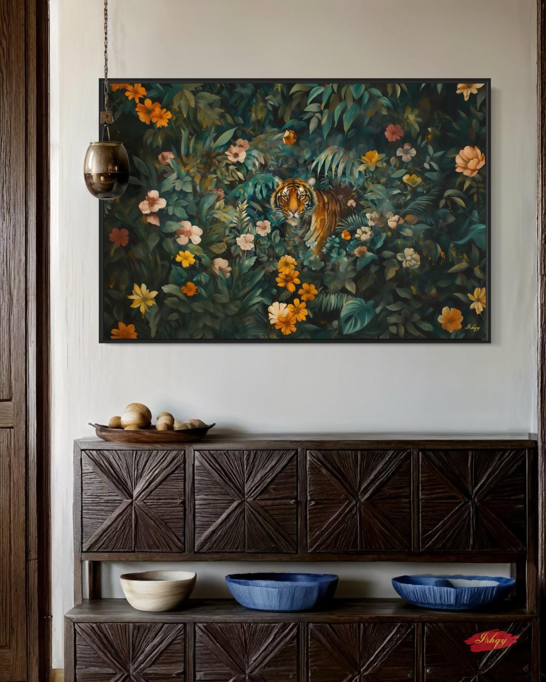 Tiger Wall Art Canvas, Bengal Tiger Jungle Print, Tropical Botanical Home Decor, Safari Nursery Decor, Poster Framed Canvas & Art Print Gift, Tiger Wall Art Jungle Print, Floral Safari Animal Canvas, Dark Jungle Wall Decor, Bold Nature Painting, Wildlife Canvas for Home Decor