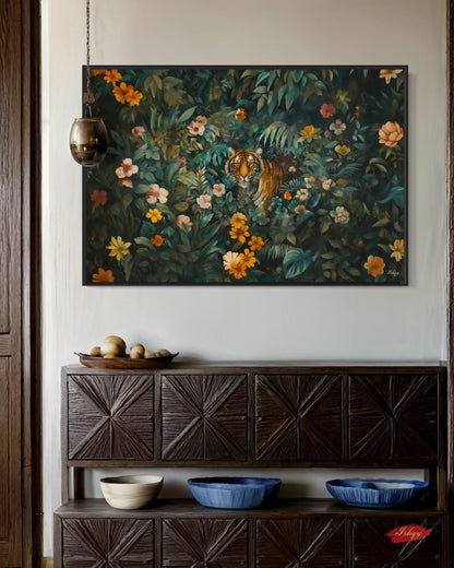 Tiger Wall Art Canvas, Bengal Tiger Jungle Print, Tropical Botanical Home Decor, Safari Nursery Decor, Poster Framed Canvas & Art Print Gift, Tiger Wall Art Jungle Print, Floral Safari Animal Canvas, Dark Jungle Wall Decor, Bold Nature Painting, Wildlife Canvas for Home Decor