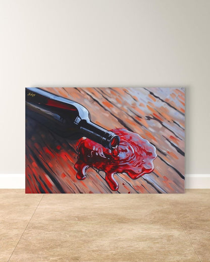 Spilled Vintage | Wine Bottle Wall Art Canvas Print | IshqyBusiness. Spilled Vintage wine bottle art print with rustic wood & rich red hues. Canvas & framed canvas painting print for dining room or kitchen decor.