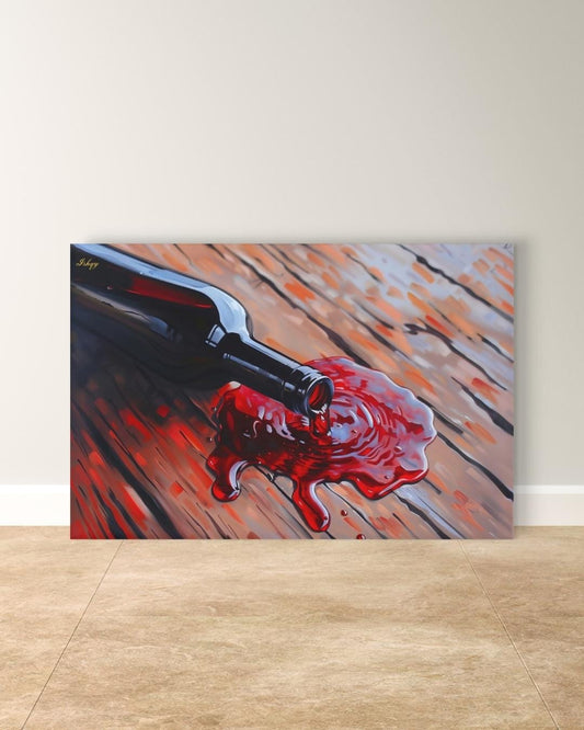 Spilled Vintage | Wine Bottle Wall Art Canvas Print | IshqyBusiness. Spilled Vintage wine bottle art print with rustic wood & rich red hues. Canvas & framed canvas painting print for dining room or kitchen decor.
