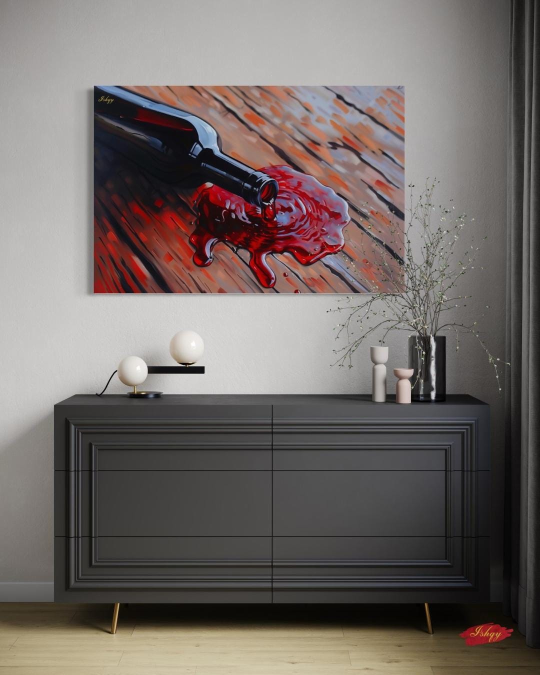 Spilled Vintage | Wine Bottle Wall Art Canvas Print | IshqyBusiness. Spilled Vintage wine bottle art print with rustic wood & rich red hues. Canvas & framed canvas painting print for dining room or kitchen decor.