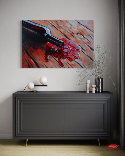 Spilled Vintage | Wine Bottle Wall Art Canvas Print | IshqyBusiness. Spilled Vintage wine bottle art print with rustic wood & rich red hues. Canvas & framed canvas painting print for dining room or kitchen decor.