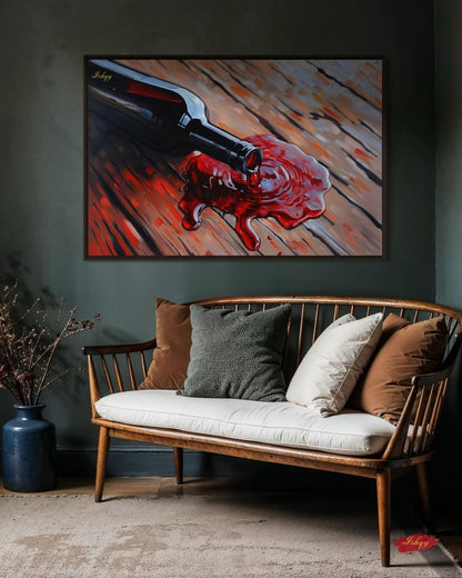 Spilled Vintage | Wine Bottle Wall Art Canvas Print | IshqyBusiness. Spilled Vintage wine bottle art print with rustic wood & rich red hues. Canvas & framed canvas painting print for dining room or kitchen decor.