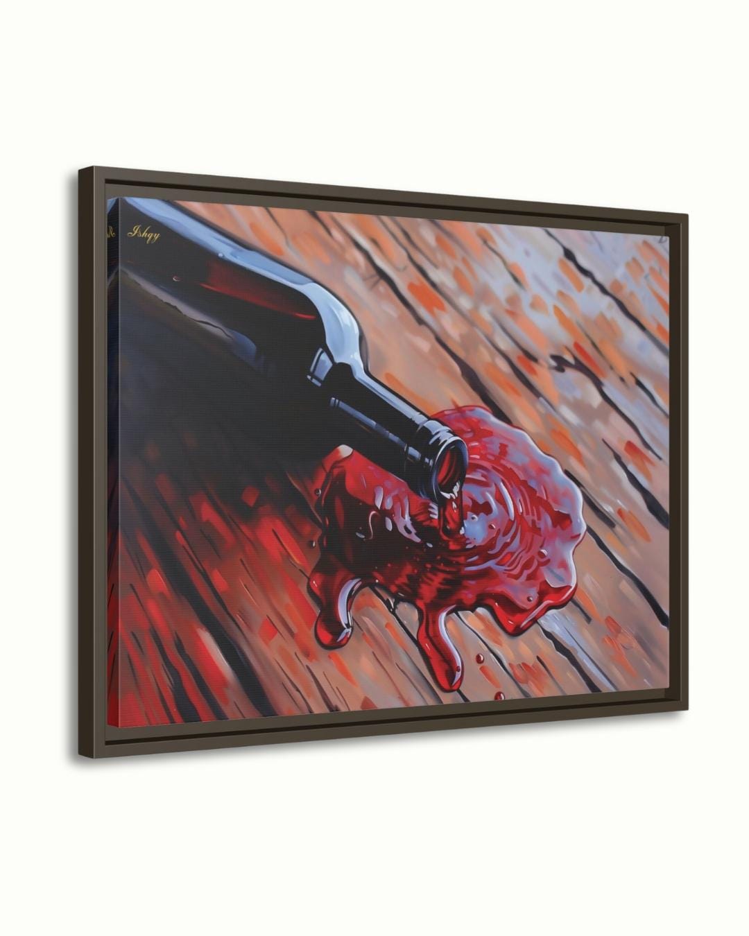 Spilled Vintage | Wine Bottle Wall Art Canvas Print | IshqyBusiness. Spilled Vintage wine bottle art print with rustic wood & rich red hues. Canvas & framed canvas painting print for dining room or kitchen decor.