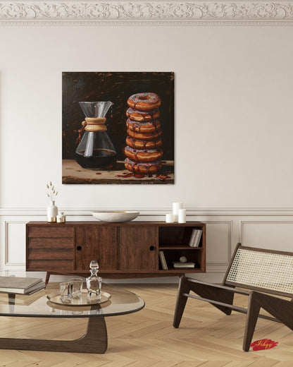 Sugar & Brew | Coffee and Donuts Wall Art Canvas Print | IshqyBusiness. Sugar & Brew coffee and donuts art print with warm tones & playful charm. Canvas & framed canvas painting print for kitchen or cafe decor.