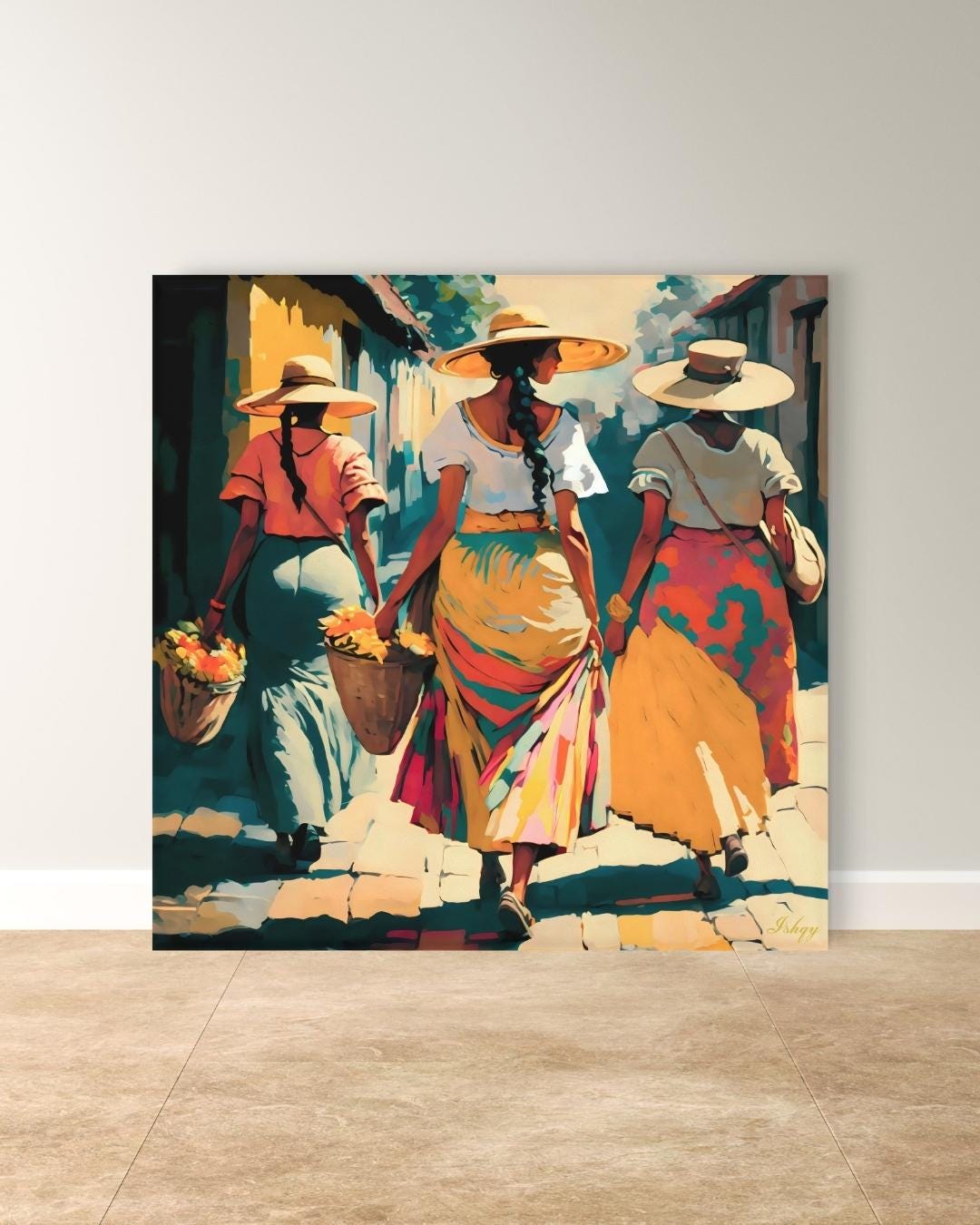 Soleras | Mexican Women Walking Wall Art Canvas Print | IshqyBusiness. Soleras Mexican women walking art print with warm hues & cultural charm. Canvas & framed canvas painting print for kitchen, hallway, or living room decor.