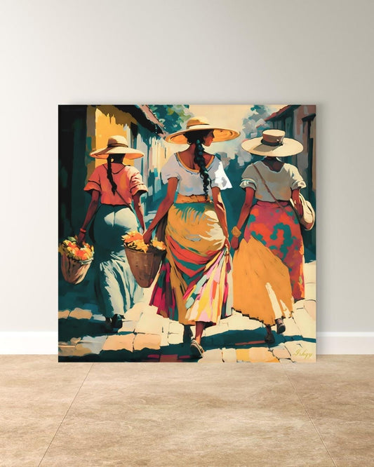 Soleras | Mexican Women Walking Wall Art Canvas Print | IshqyBusiness. Soleras Mexican women walking art print with warm hues & cultural charm. Canvas & framed canvas painting print for kitchen, hallway, or living room decor.