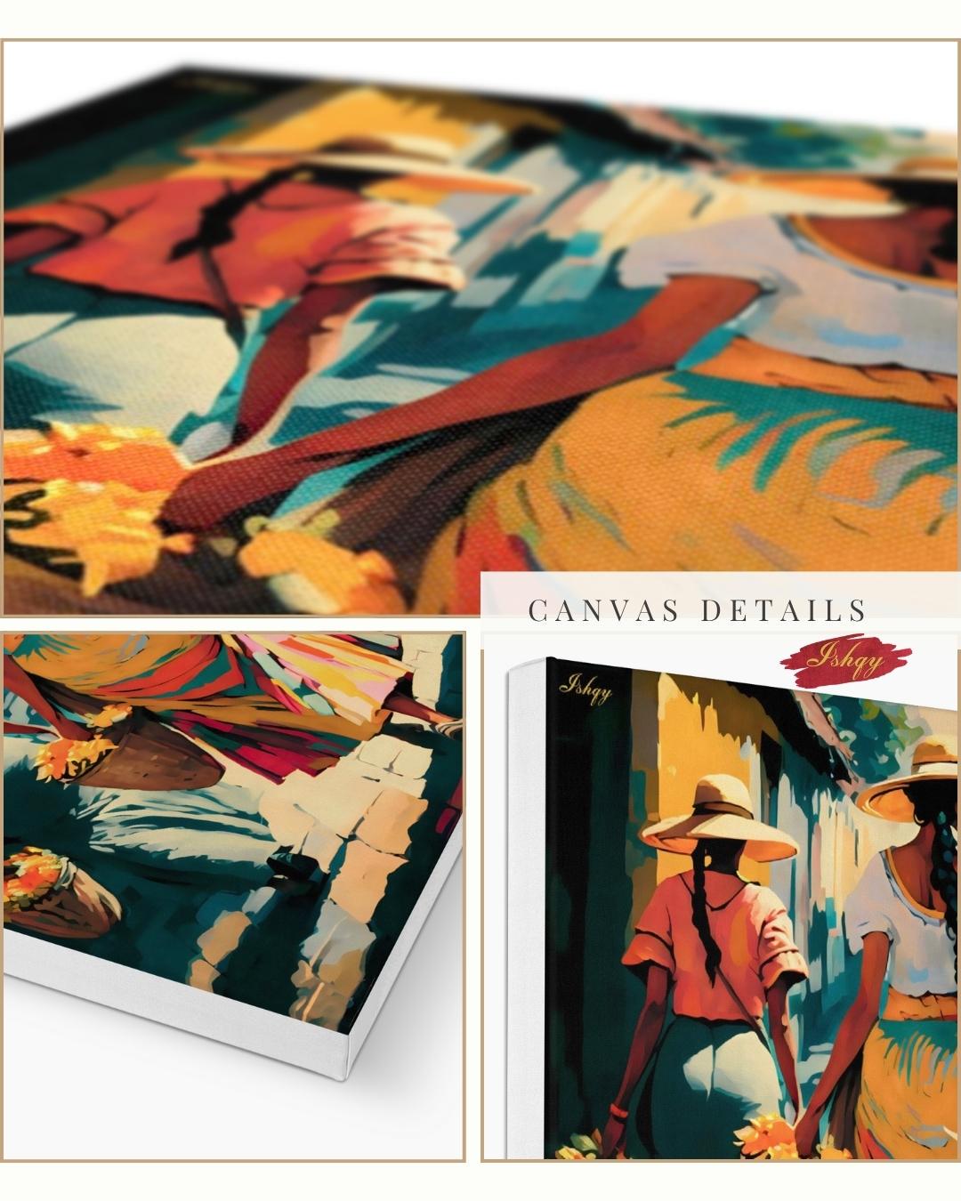 Soleras | Mexican Women Walking Wall Art Canvas Print | IshqyBusiness. Soleras Mexican women walking art print with warm hues & cultural charm. Canvas & framed canvas painting print for kitchen, hallway, or living room decor.