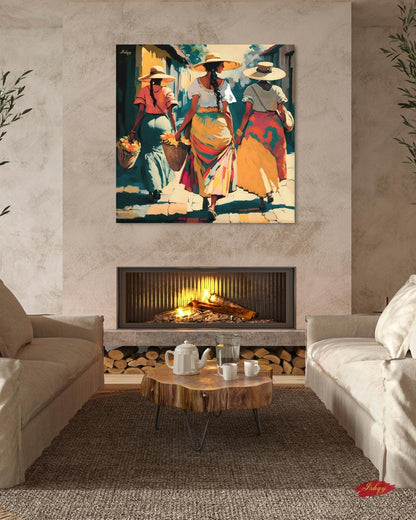 Soleras | Mexican Women Walking Wall Art Canvas Print | IshqyBusiness. Soleras Mexican women walking art print with warm hues & cultural charm. Canvas & framed canvas painting print for kitchen, hallway, or living room decor.