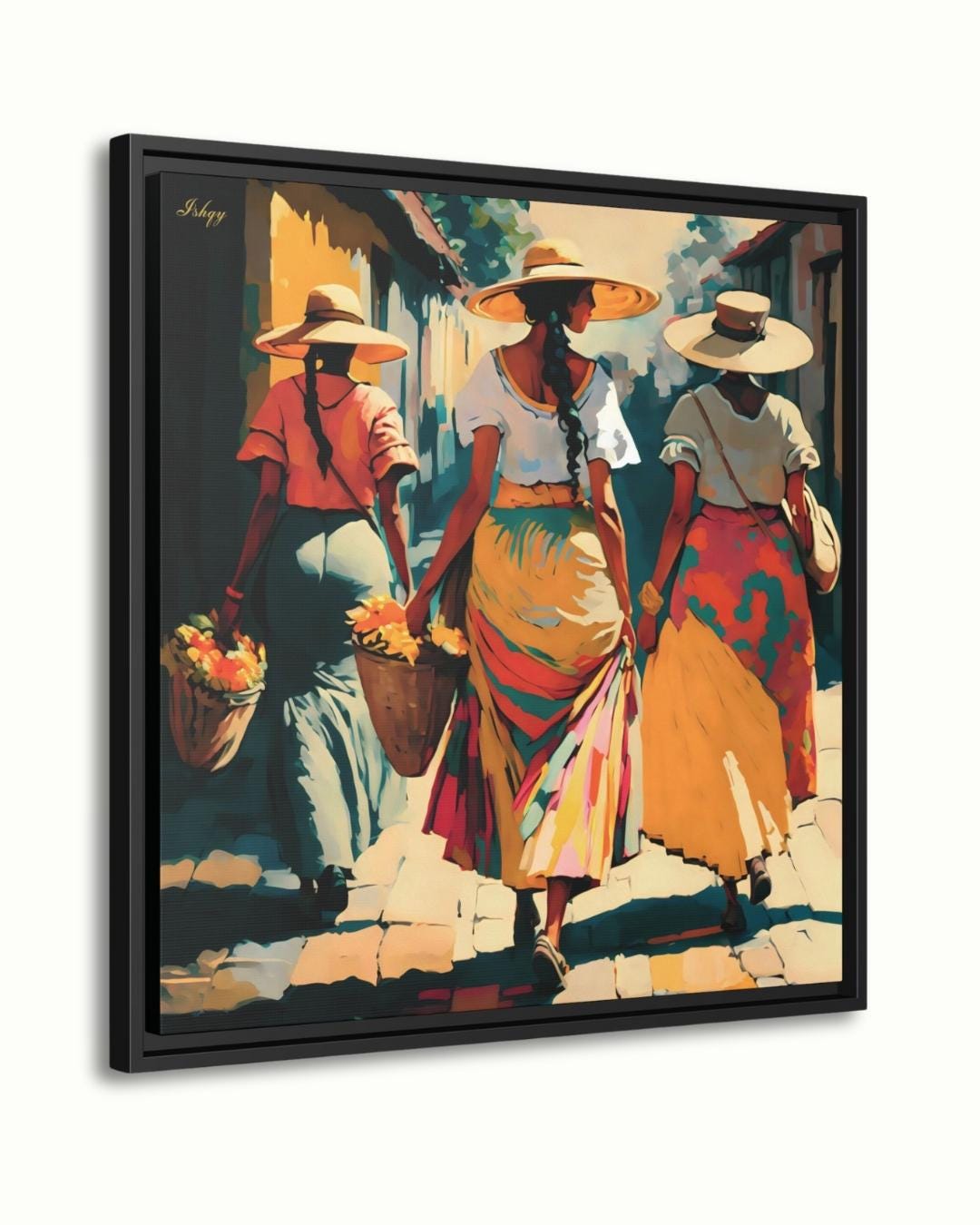 Soleras | Mexican Women Walking Wall Art Canvas Print | IshqyBusiness. Soleras Mexican women walking art print with warm hues & cultural charm. Canvas & framed canvas painting print for kitchen, hallway, or living room decor.