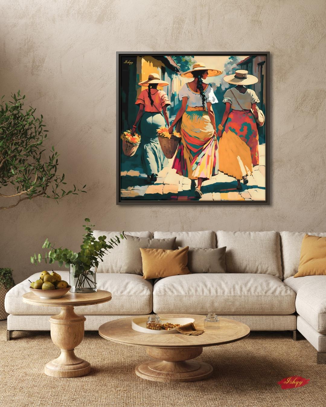 Soleras | Mexican Women Walking Wall Art Canvas Print | IshqyBusiness. Soleras Mexican women walking art print with warm hues & cultural charm. Canvas & framed canvas painting print for kitchen, hallway, or living room decor.