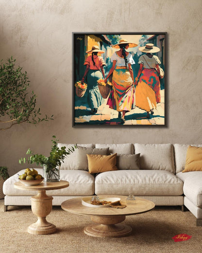 Soleras | Mexican Women Walking Wall Art Canvas Print | IshqyBusiness. Soleras Mexican women walking art print with warm hues & cultural charm. Canvas & framed canvas painting print for kitchen, hallway, or living room decor.