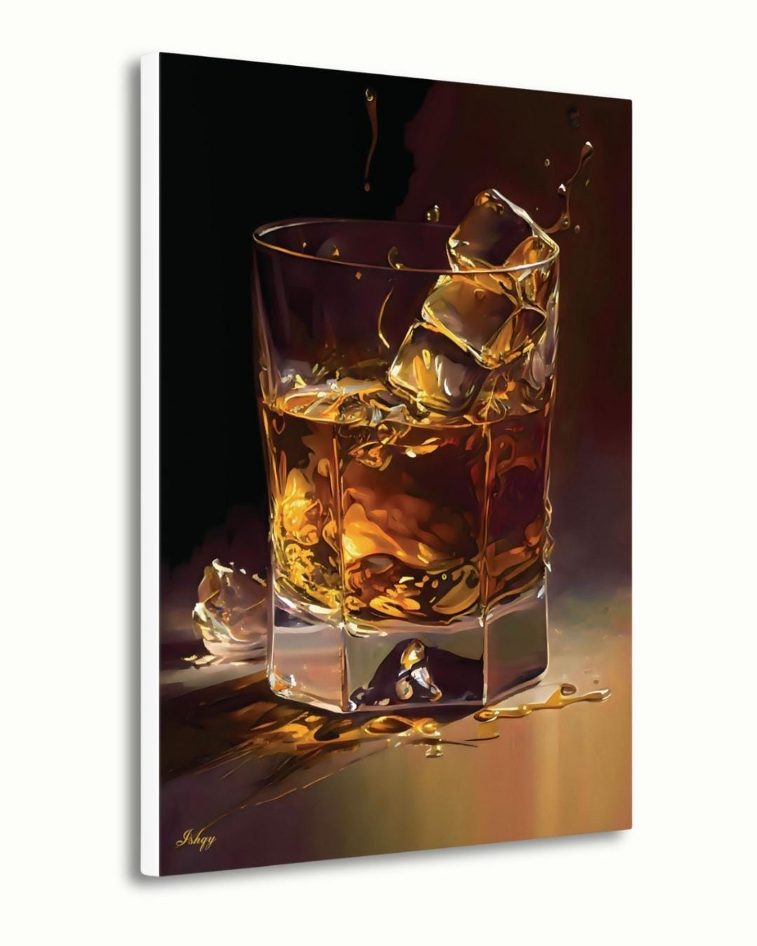 Whiskey Wall Art Print, Whiskey Glass Canvas with Ice, Bar Wall Decor, Framed Whiskey Painting for Home, Kitchen, or Lounge Gift
On the Rocks | Whiskey Glass Wall Art Canvas Print | IshqyBusiness. On the Rocks whiskey glass art print with golden hues & elegant detail. Canvas & framed canvas painting print for bar, study, or dining room decor.