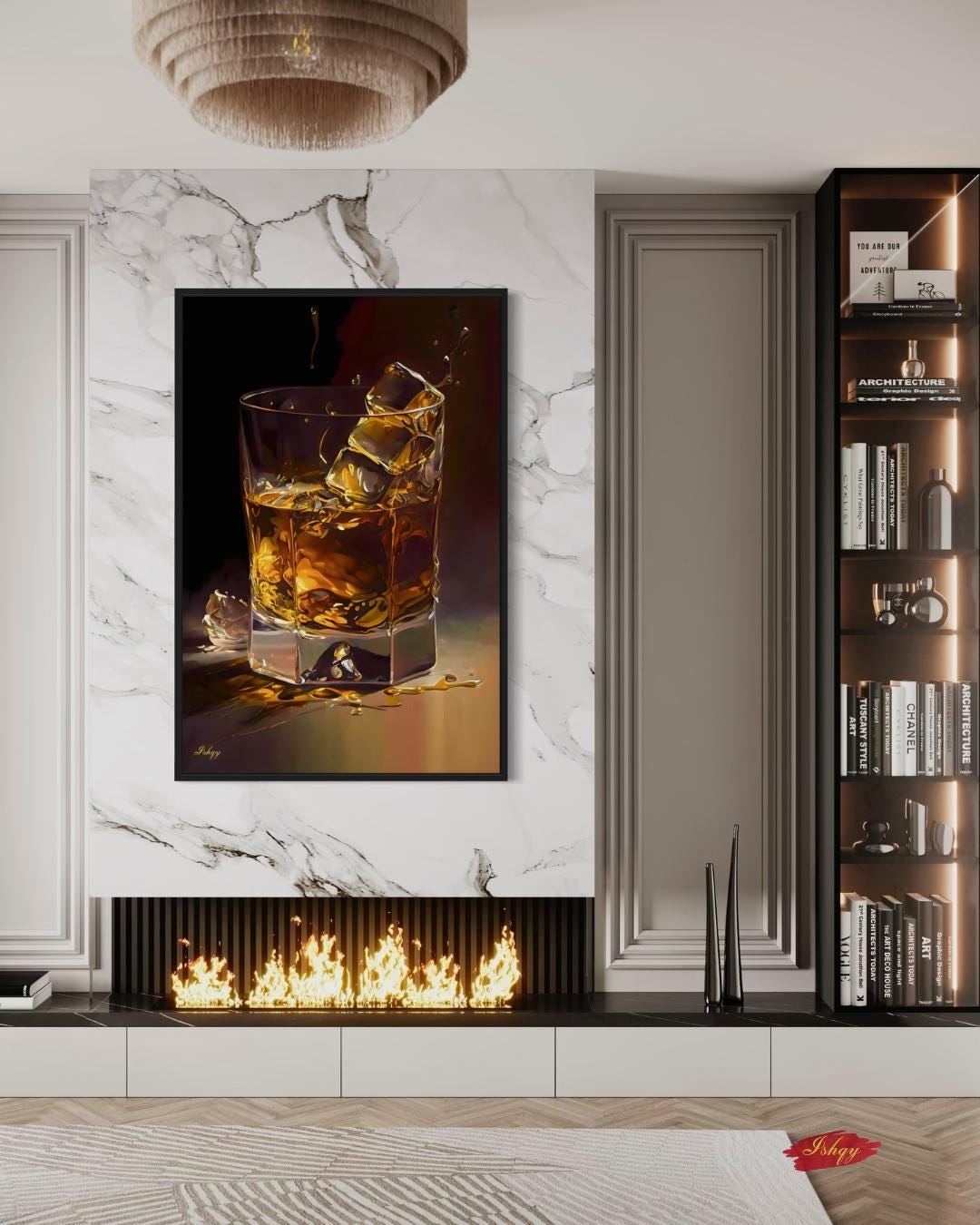 Whiskey Wall Art Print, Whiskey Glass Canvas with Ice, Bar Wall Decor, Framed Whiskey Painting for Home, Kitchen, or Lounge Gift
On the Rocks | Whiskey Glass Wall Art Canvas Print | IshqyBusiness. On the Rocks whiskey glass art print with golden hues & elegant detail. Canvas & framed canvas painting print for bar, study, or dining room decor.