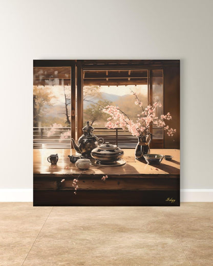 Haru Japanese tea set & cherry blossom art print with tranquil tones. Canvas & framed canvas painting print for kitchen, dining room, or reading nook decor. Japanese Tea Wall Art Print, Cherry Blossom Canvas Painting, Zen Kitchen Wall Decor, Framed T