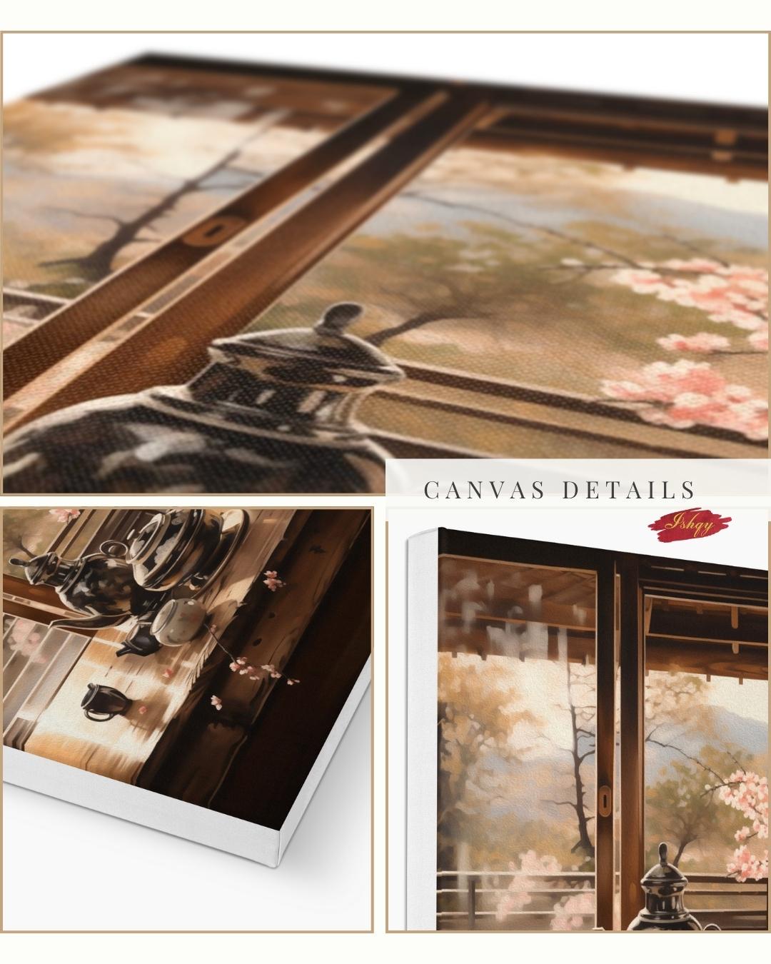 Haru Japanese tea set & cherry blossom art print with tranquil tones. Canvas & framed canvas painting print for kitchen, dining room, or reading nook decor. Japanese Tea Wall Art Print, Cherry Blossom Canvas Painting, Zen Kitchen Wall Decor, Framed T