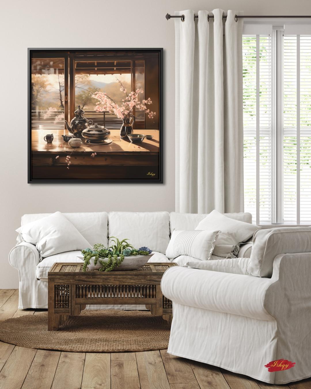 Haru Japanese tea set & cherry blossom art print with tranquil tones. Canvas & framed canvas painting print for kitchen, dining room, or reading nook decor. Japanese Tea Wall Art Print, Cherry Blossom Canvas Painting, Zen Kitchen Wall Decor, Framed T