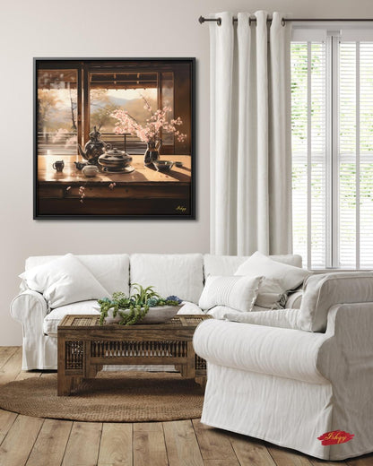 Haru Japanese tea set & cherry blossom art print with tranquil tones. Canvas & framed canvas painting print for kitchen, dining room, or reading nook decor. Japanese Tea Wall Art Print, Cherry Blossom Canvas Painting, Zen Kitchen Wall Decor, Framed T