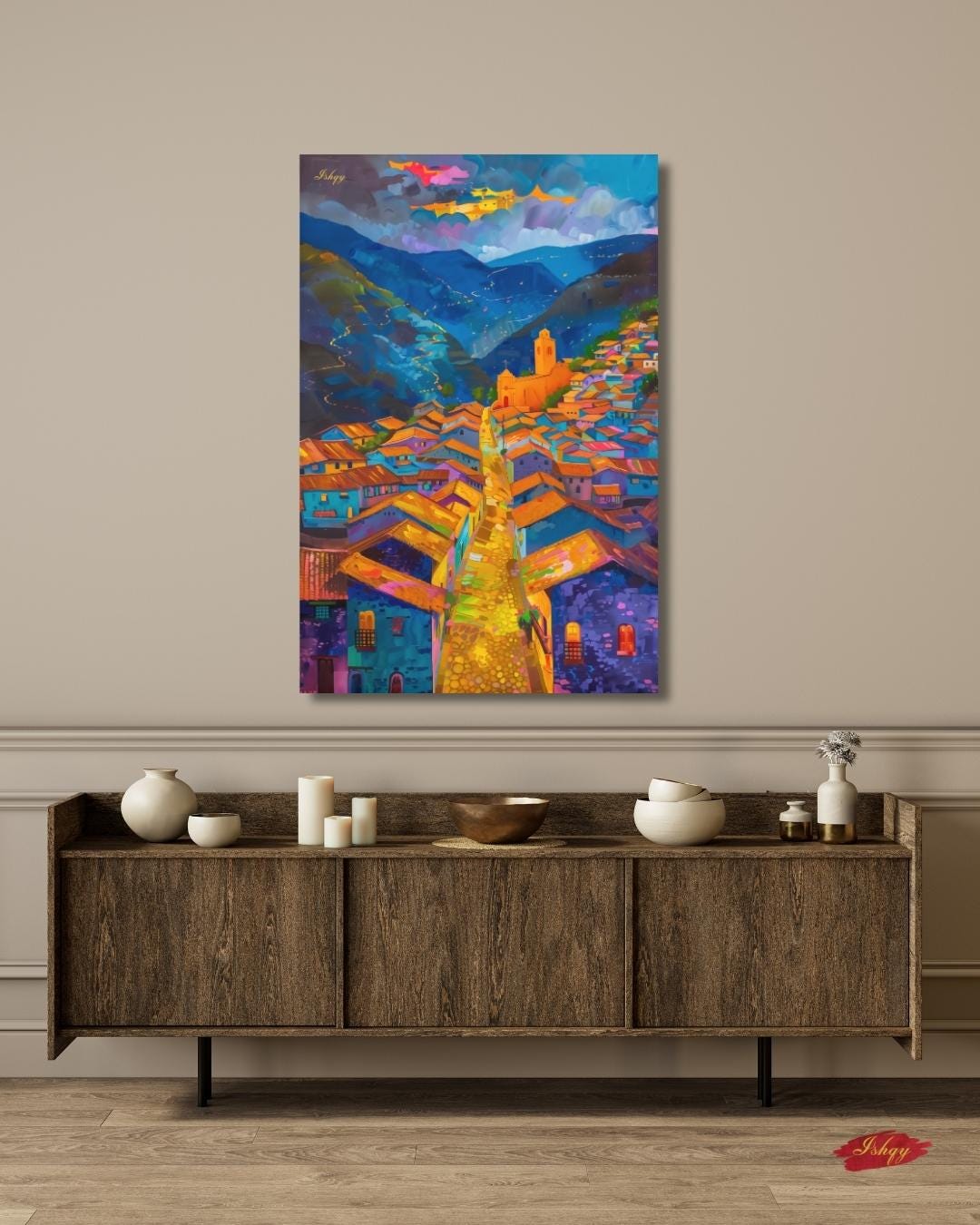 Cuzco Peru Wall Art Print, Vibrant Cityscape Canvas Painting, Colorful Andean Home Decor, Framed Wall Art, Gift for Her or Living Room.&nbsp;Cuzco at Twilight Peruvian cityscape art print with warm tones &amp; mountain charm. Canvas &amp; framed canv