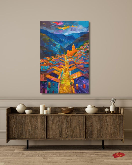 Cuzco Peru Wall Art Print, Vibrant Cityscape Canvas Painting, Colorful Andean Home Decor, Framed Wall Art, Gift for Her or Living Room.&nbsp;Cuzco at Twilight Peruvian cityscape art print with warm tones &amp; mountain charm. Canvas &amp; framed canv