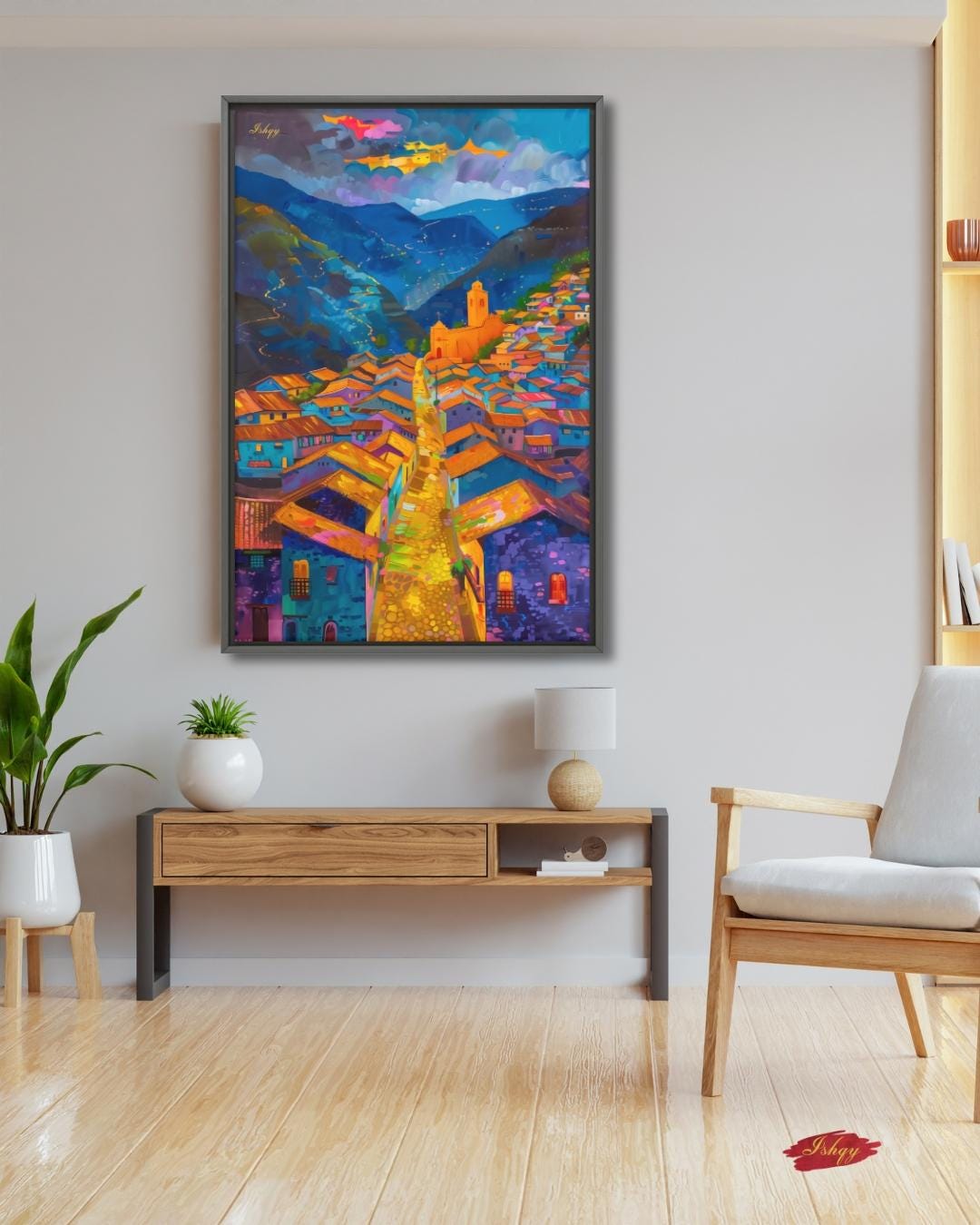 Cuzco Peru Wall Art Print, Vibrant Cityscape Canvas Painting, Colorful Andean Home Decor, Framed Wall Art, Gift for Her or Living Room.&nbsp;Cuzco at Twilight Peruvian cityscape art print with warm tones &amp; mountain charm. Canvas &amp; framed canv
