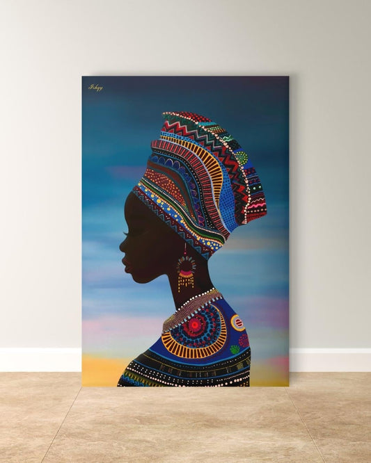 African Woman Silhouette Wall Art Print, Colorful Headwrap Canvas Painting, Cultural Home Decor, Framed Wall Art, Gift for Her. Oba African woman silhouette art print with vibrant headwrap &amp; regal detail. Canvas &amp; framed canvas painting print