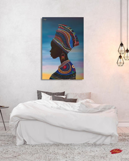 African Woman Silhouette Wall Art Print, Colorful Headwrap Canvas Painting, Cultural Home Decor, Framed Wall Art, Gift for Her. Oba African woman silhouette art print with vibrant headwrap &amp; regal detail. Canvas &amp; framed canvas painting print