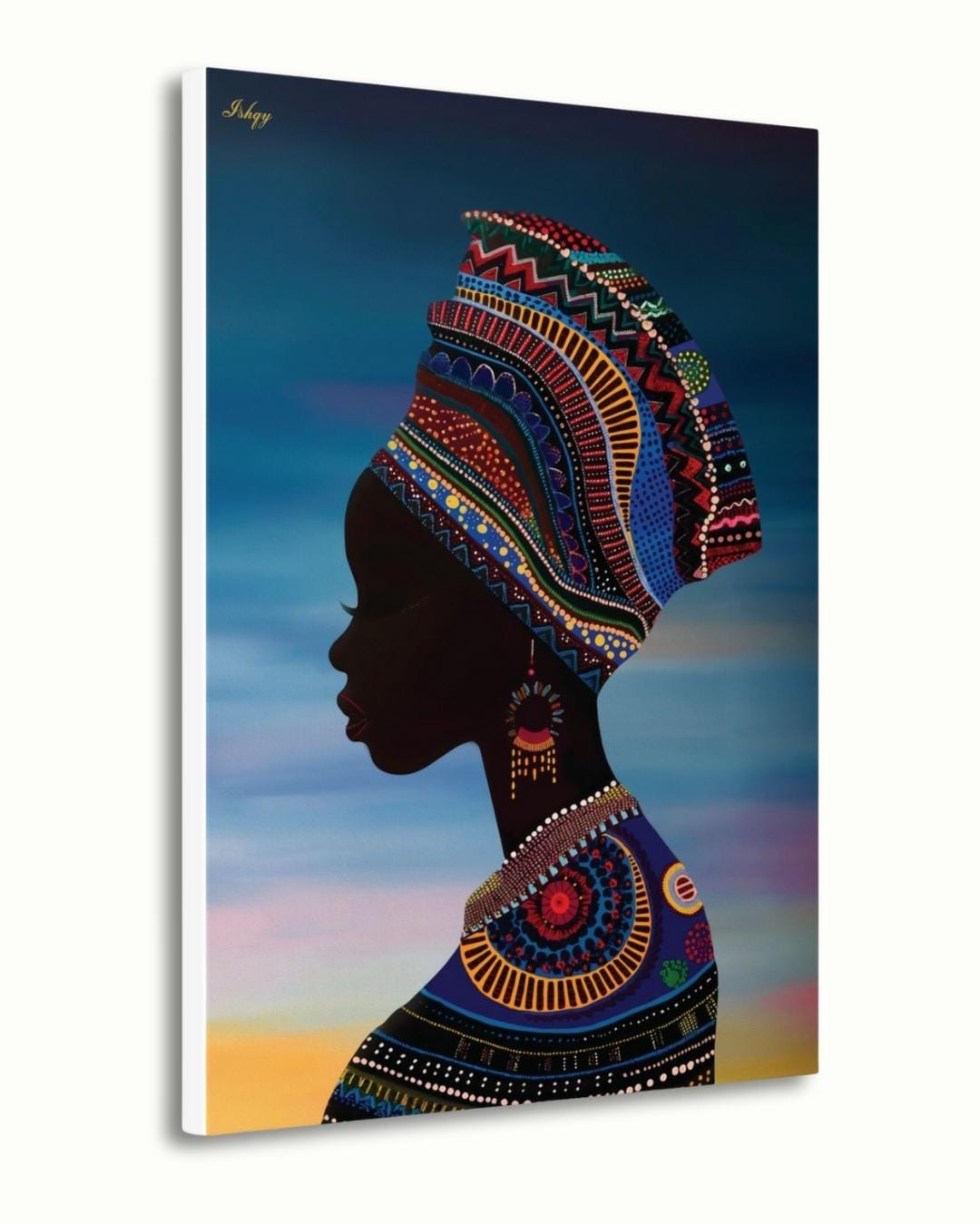 African Woman Silhouette Wall Art Print, Colorful Headwrap Canvas Painting, Cultural Home Decor, Framed Wall Art, Gift for Her. Oba African woman silhouette art print with vibrant headwrap &amp; regal detail. Canvas &amp; framed canvas painting print