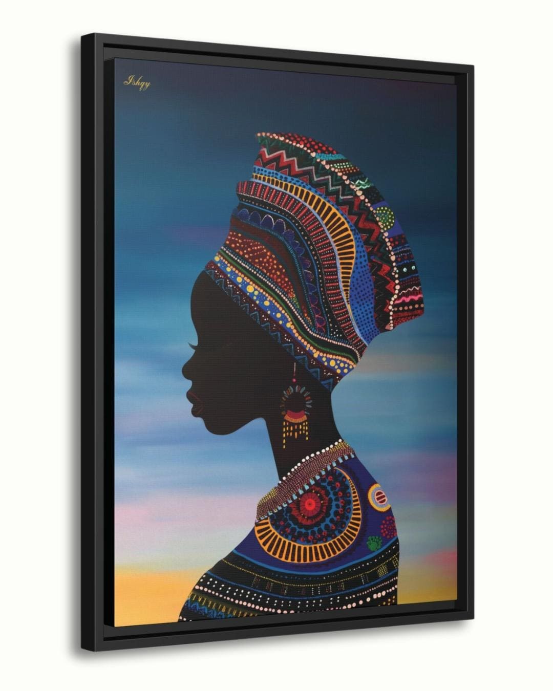 African Woman Silhouette Wall Art Print, Colorful Headwrap Canvas Painting, Cultural Home Decor, Framed Wall Art, Gift for Her. Oba African woman silhouette art print with vibrant headwrap &amp; regal detail. Canvas &amp; framed canvas painting print