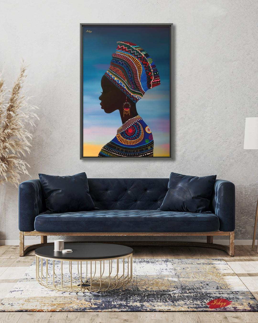 African Woman Silhouette Wall Art Print, Colorful Headwrap Canvas Painting, Cultural Home Decor, Framed Wall Art, Gift for Her. Oba African woman silhouette art print with vibrant headwrap &amp; regal detail. Canvas &amp; framed canvas painting print
