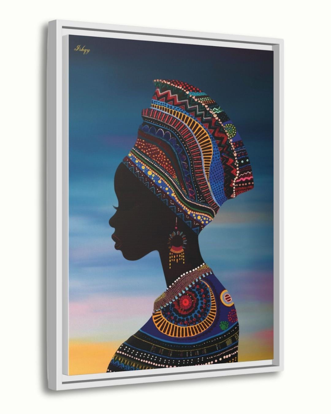 African Woman Silhouette Wall Art Print, Colorful Headwrap Canvas Painting, Cultural Home Decor, Framed Wall Art, Gift for Her. Oba African woman silhouette art print with vibrant headwrap &amp; regal detail. Canvas &amp; framed canvas painting print