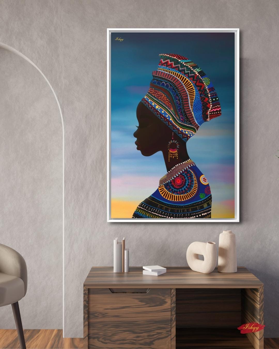 African Woman Silhouette Wall Art Print, Colorful Headwrap Canvas Painting, Cultural Home Decor, Framed Wall Art, Gift for Her. Oba African woman silhouette art print with vibrant headwrap &amp; regal detail. Canvas &amp; framed canvas painting print