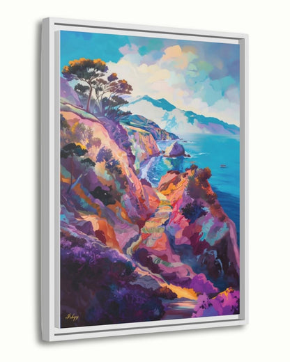 California Coast Wall Art Print, Colorful Ocean Cliff Canvas, Coastal Home Decor, Seaside Framed Wall Art, Beach House Gift Idea. Pacific Song California coast art print with vivid cliffs &amp; turquoise sea. Canvas &amp; framed canvas painting print