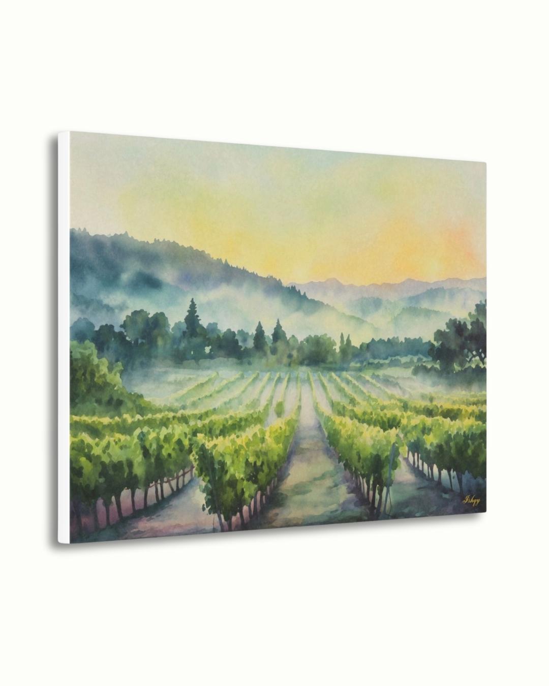 Napa Valley Vineyard Sunrise Painting Print – California Wine Country Landscape Wall Art for Kitchen, Dining Room, or Home Decor. Sunrise Vineyard landscape art print with golden light & misty vines. Canvas & framed canvas painting print for kitchen,