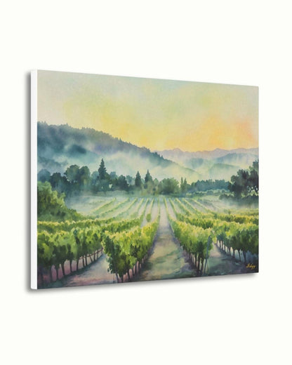 Napa Valley Vineyard Sunrise Painting Print – California Wine Country Landscape Wall Art for Kitchen, Dining Room, or Home Decor. Sunrise Vineyard landscape art print with golden light & misty vines. Canvas & framed canvas painting print for kitchen,