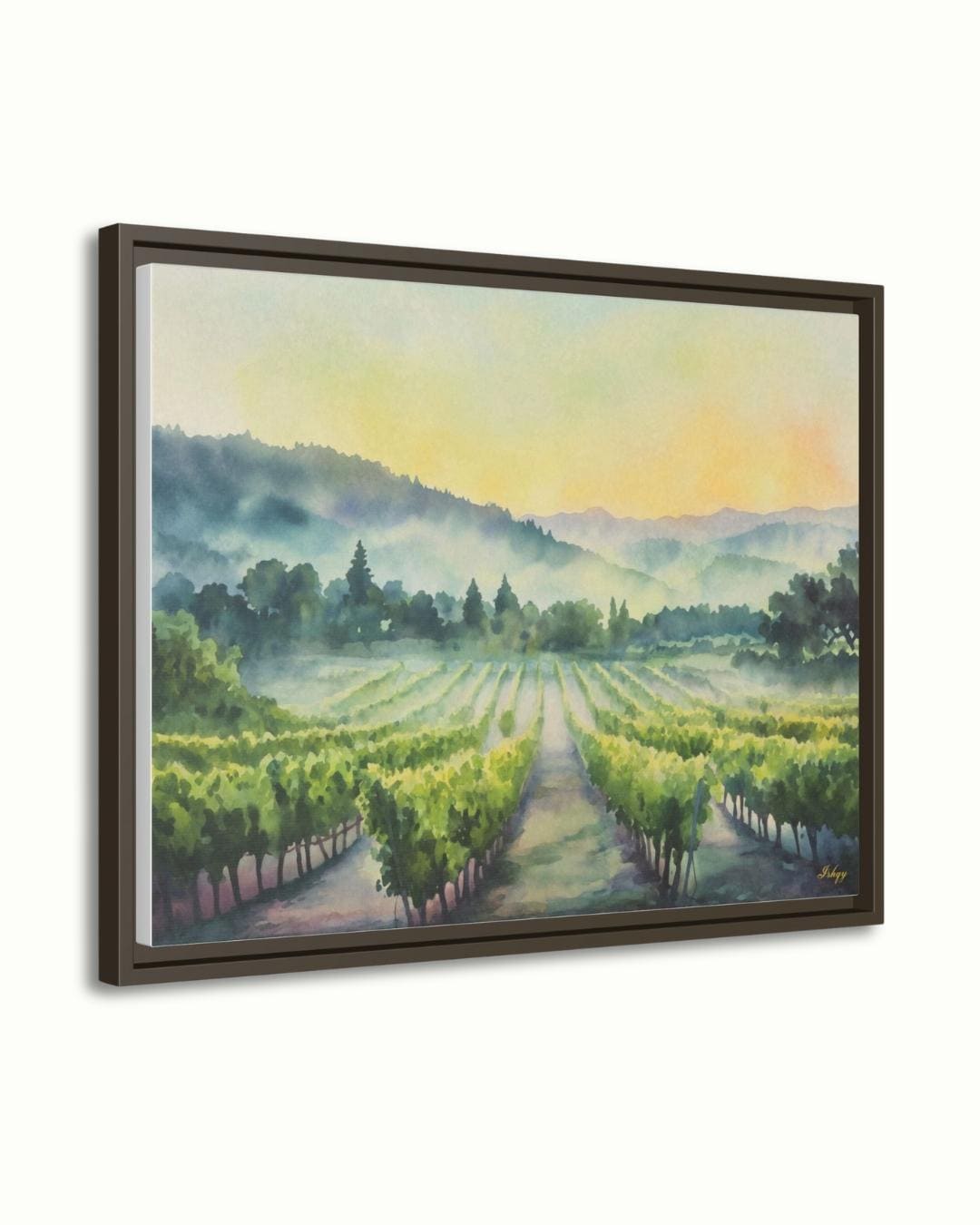 Napa Valley Vineyard Sunrise Painting Print – California Wine Country Landscape Wall Art for Kitchen, Dining Room, or Home Decor. Sunrise Vineyard landscape art print with golden light & misty vines. Canvas & framed canvas painting print for kitchen,