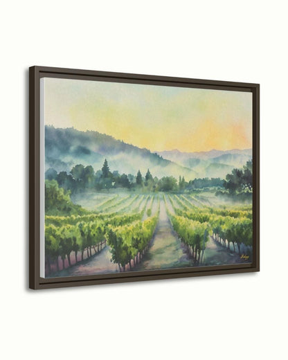 Napa Valley Vineyard Sunrise Painting Print – California Wine Country Landscape Wall Art for Kitchen, Dining Room, or Home Decor. Sunrise Vineyard landscape art print with golden light & misty vines. Canvas & framed canvas painting print for kitchen,