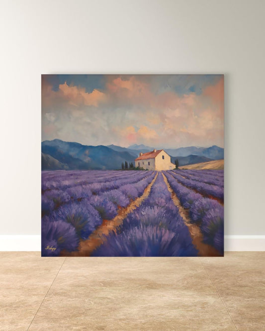 Lavender Fields Provence Wall Art, French Countryside Canvas Print, Purple Landscape Home Decor, Framed Canvas Farmhouse Painting.  Champs de Lavande French lavender fields art print with serene blooms &amp; farmhouse. Canvas &amp; framed canvas pain