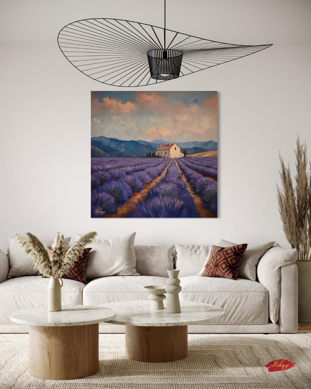 Lavender Fields Provence Wall Art, French Countryside Canvas Print, Purple Landscape Home Decor, Framed Canvas Farmhouse Painting.  Champs de Lavande French lavender fields art print with serene blooms &amp; farmhouse. Canvas &amp; framed canvas pain