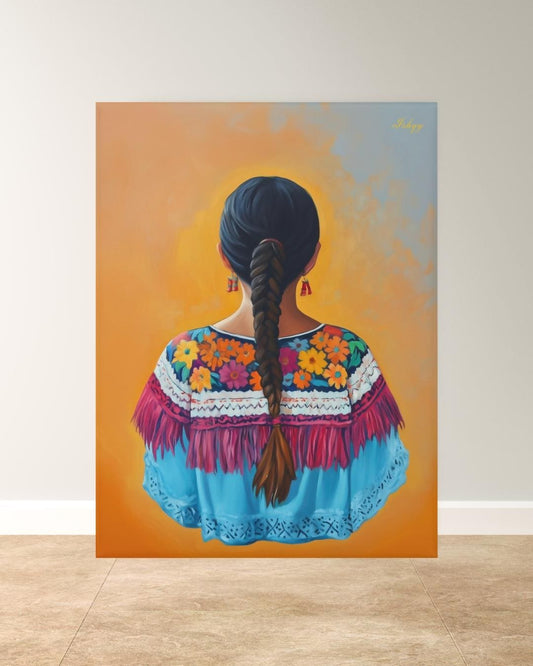 Flor de Oaxaca | Mexican Woman Wall Art Print on Canvas | IshqyBusiness. Celebrate the beauty of Oaxacan womanhood with this vibrant wall art print. Bold flowers, embroidery &amp; braid silhouette on canvas or framed canvas.