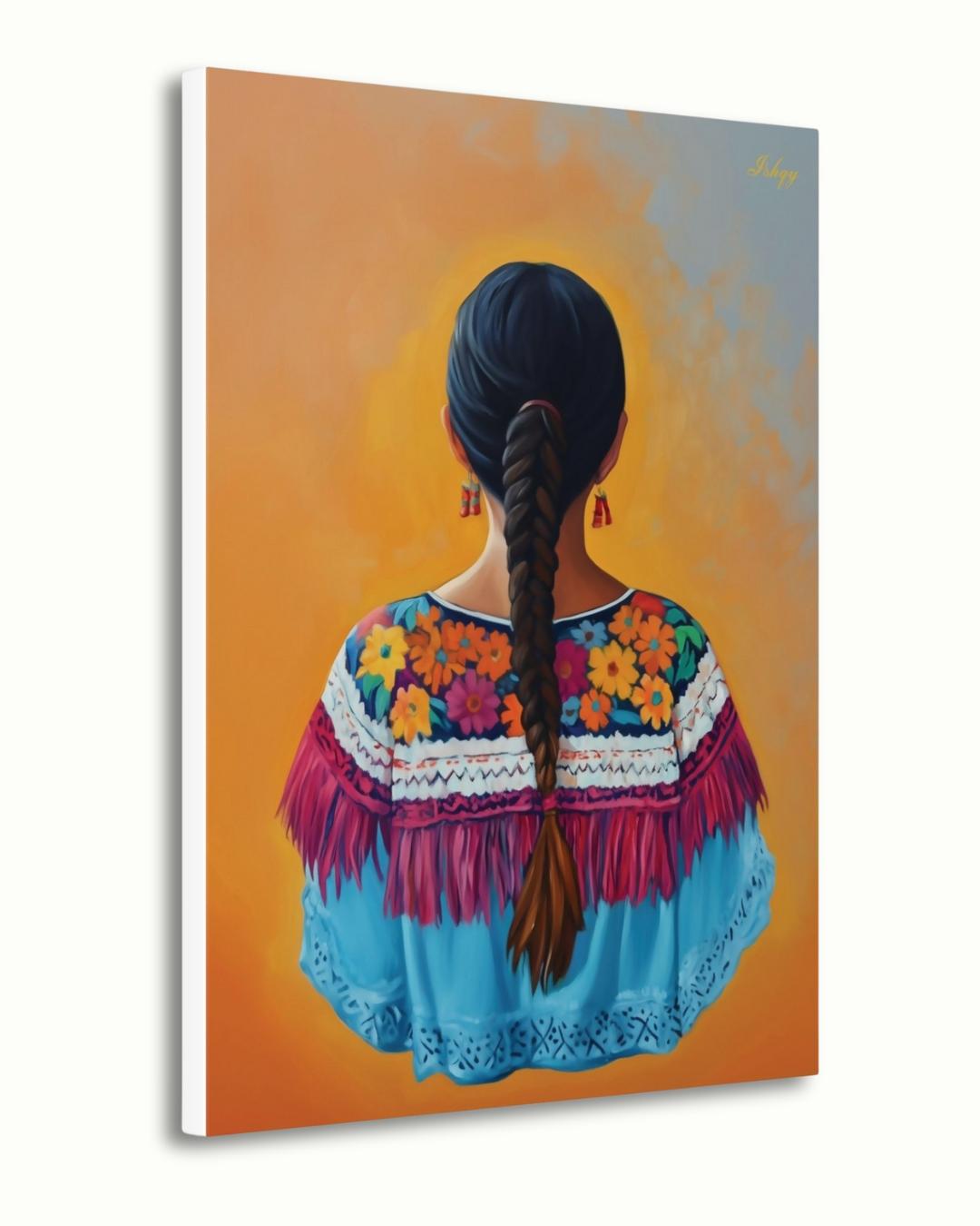 Flor de Oaxaca | Mexican Woman Wall Art Print on Canvas | IshqyBusiness. Celebrate the beauty of Oaxacan womanhood with this vibrant wall art print. Bold flowers, embroidery &amp; braid silhouette on canvas or framed canvas.