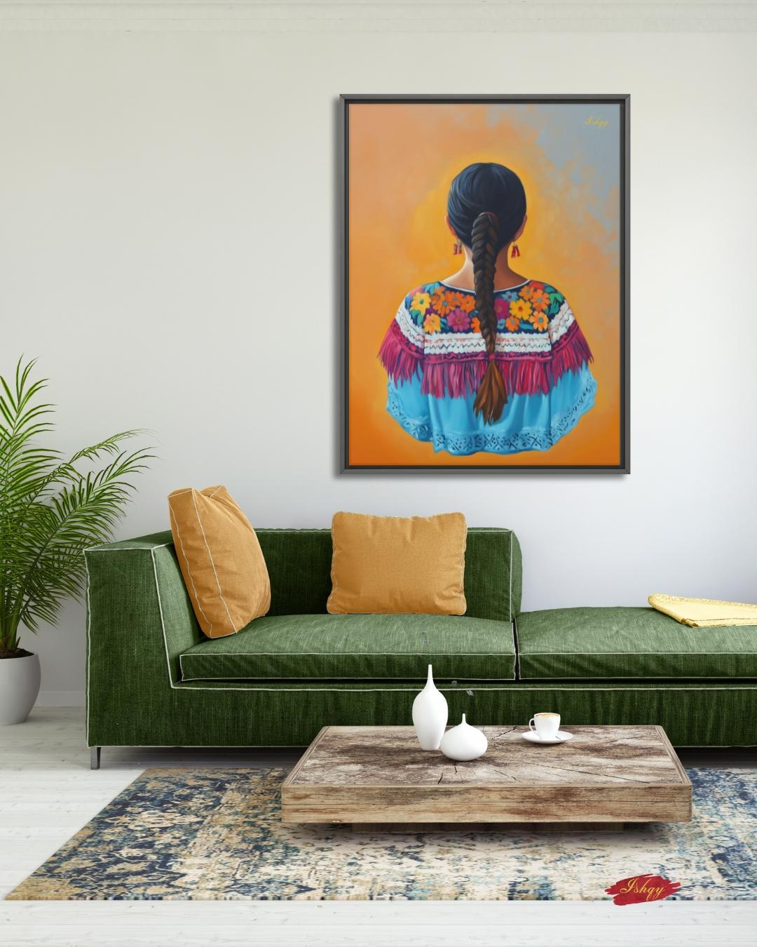 Flor de Oaxaca | Mexican Woman Wall Art Print on Canvas | IshqyBusiness. Celebrate the beauty of Oaxacan womanhood with this vibrant wall art print. Bold flowers, embroidery &amp; braid silhouette on canvas or framed canvas.