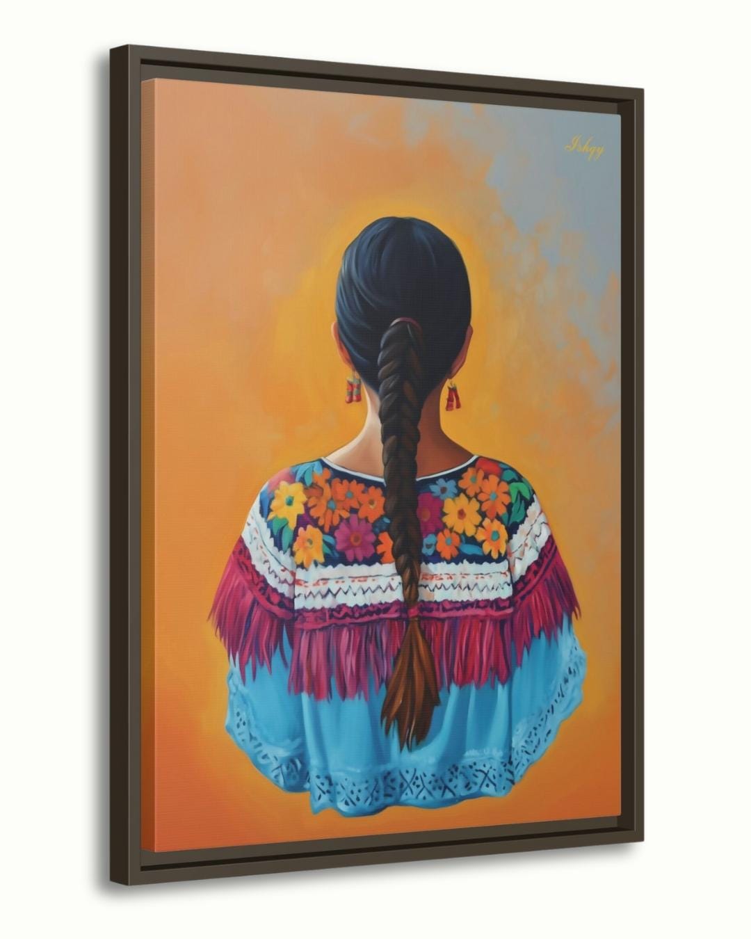 Flor de Oaxaca | Mexican Woman Wall Art Print on Canvas | IshqyBusiness. Celebrate the beauty of Oaxacan womanhood with this vibrant wall art print. Bold flowers, embroidery &amp; braid silhouette on canvas or framed canvas.
