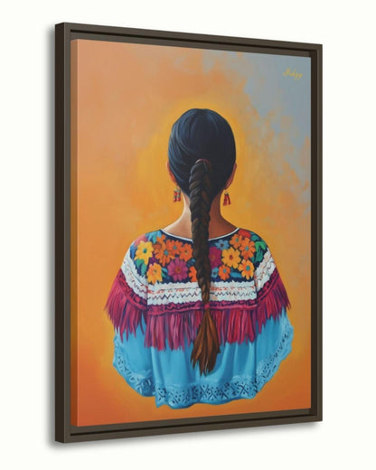 Flor de Oaxaca | Mexican Woman Wall Art Print on Canvas | IshqyBusiness. Celebrate the beauty of Oaxacan womanhood with this vibrant wall art print. Bold flowers, embroidery &amp; braid silhouette on canvas or framed canvas.
