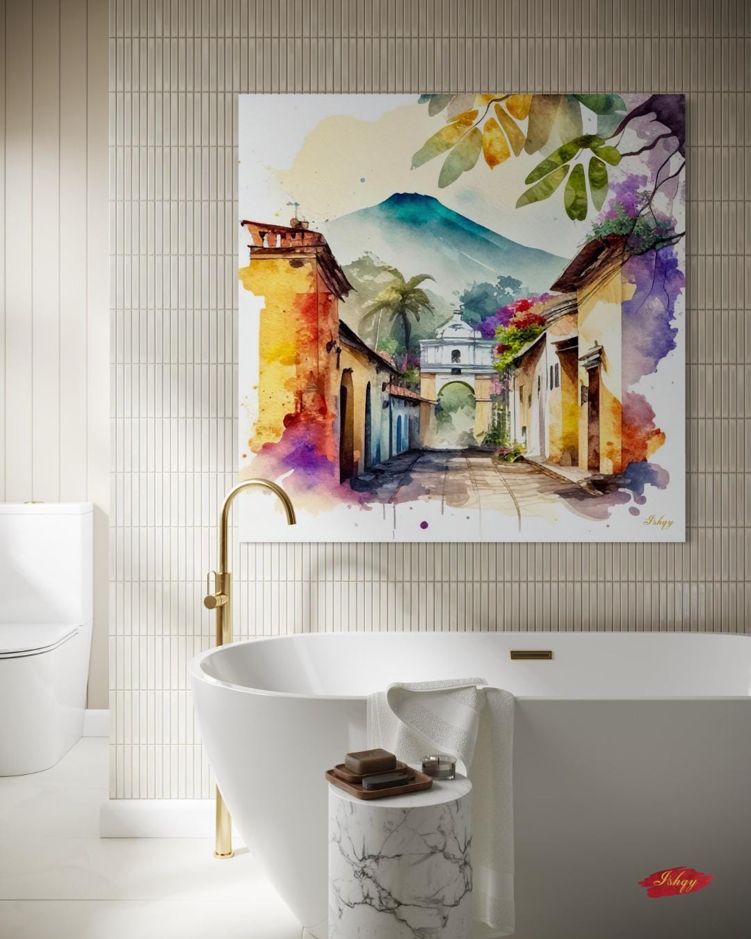 Antigua Guatemala Wall Art Square Canvas Print, Colonial Street Painting Print, Watercolor Cityscape Wall Decor, Framed Travel Art for Home